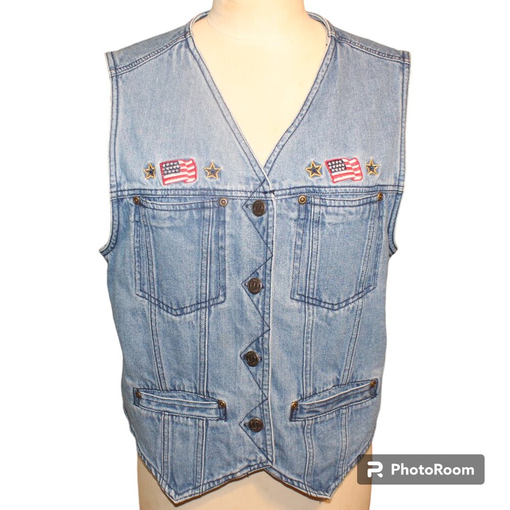 Vintage SOLUTIONS ORIGINAL Denim Jean Vest Sz Large Embroidered American Patch
